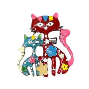 Colorful Cat Brooch with Floral Design